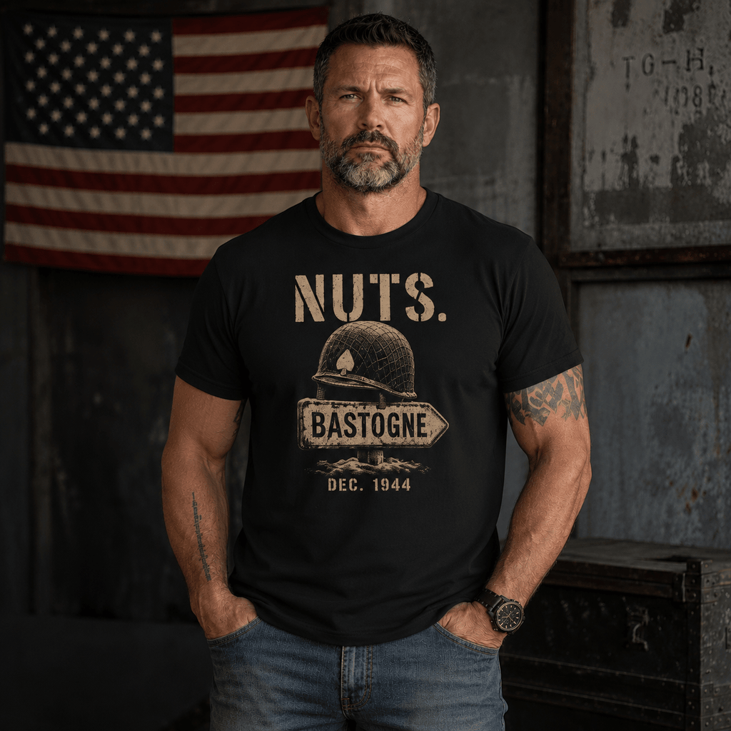 Man wearing the black Veteran Shirts NUTS. Bastogne WW2 shirt with helmet and road-sign artwork
